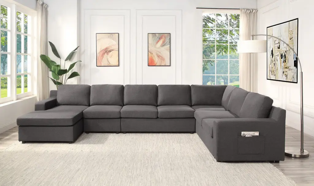 Waylon Linen 7-Seater U-Shape Sectional Sofa Chaise Gray Go Green Woods