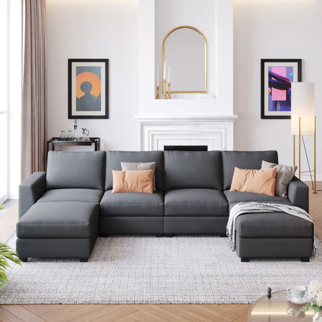 Contemporary Modular U-Shaped Gray Sofa - Convertible Design Removable Ottomans Spacious Living Areas HATNOKIL