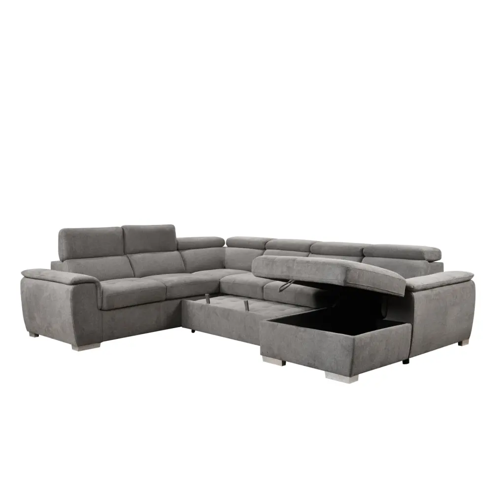 Light Gray U-Shaped Sectional Sofa 125 Modern Adjustable Headrest Pull-Out Bed Storage Chaise HATNOKIL