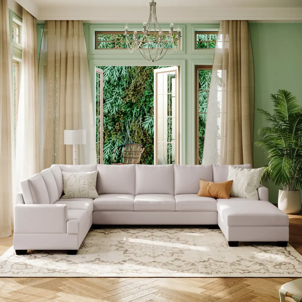 Modern Upholstered U Shape Sectional Sofa Extra Wide Beige Chaise Lounge HATNOKIL