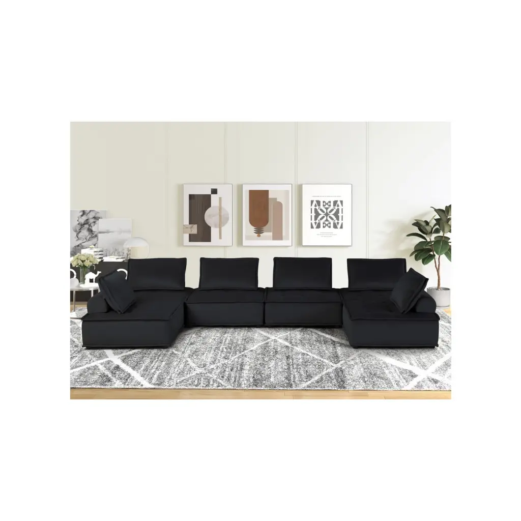 Homestock Zen Zone Black Velvet 6-Seater U-Shape Modular Sectional Sofa Comfortable Design