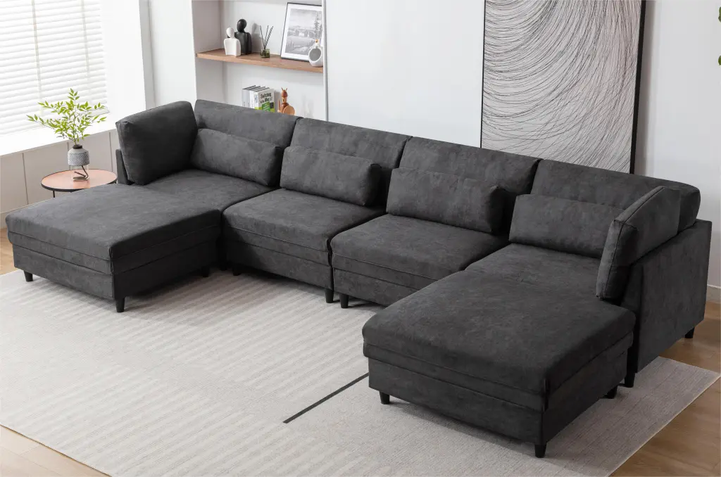 Contemporary Deep Grey Polyester U-Shaped Modular Sofa Set Chaise and Single-Seat Sofa 6 LMing