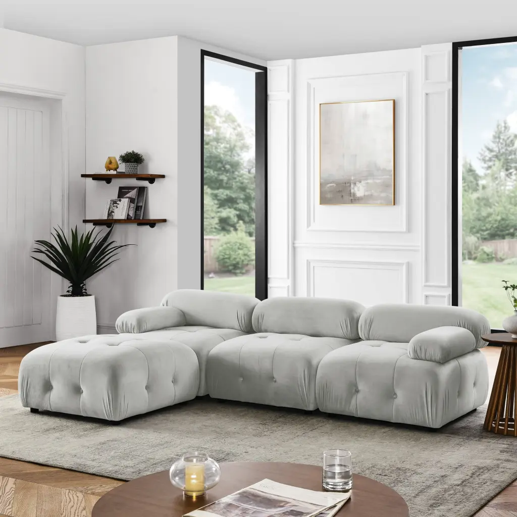 Light Grey U-shaped Velvet Sectional Sofa High-Density Foam Living Room or Conference Room LMing