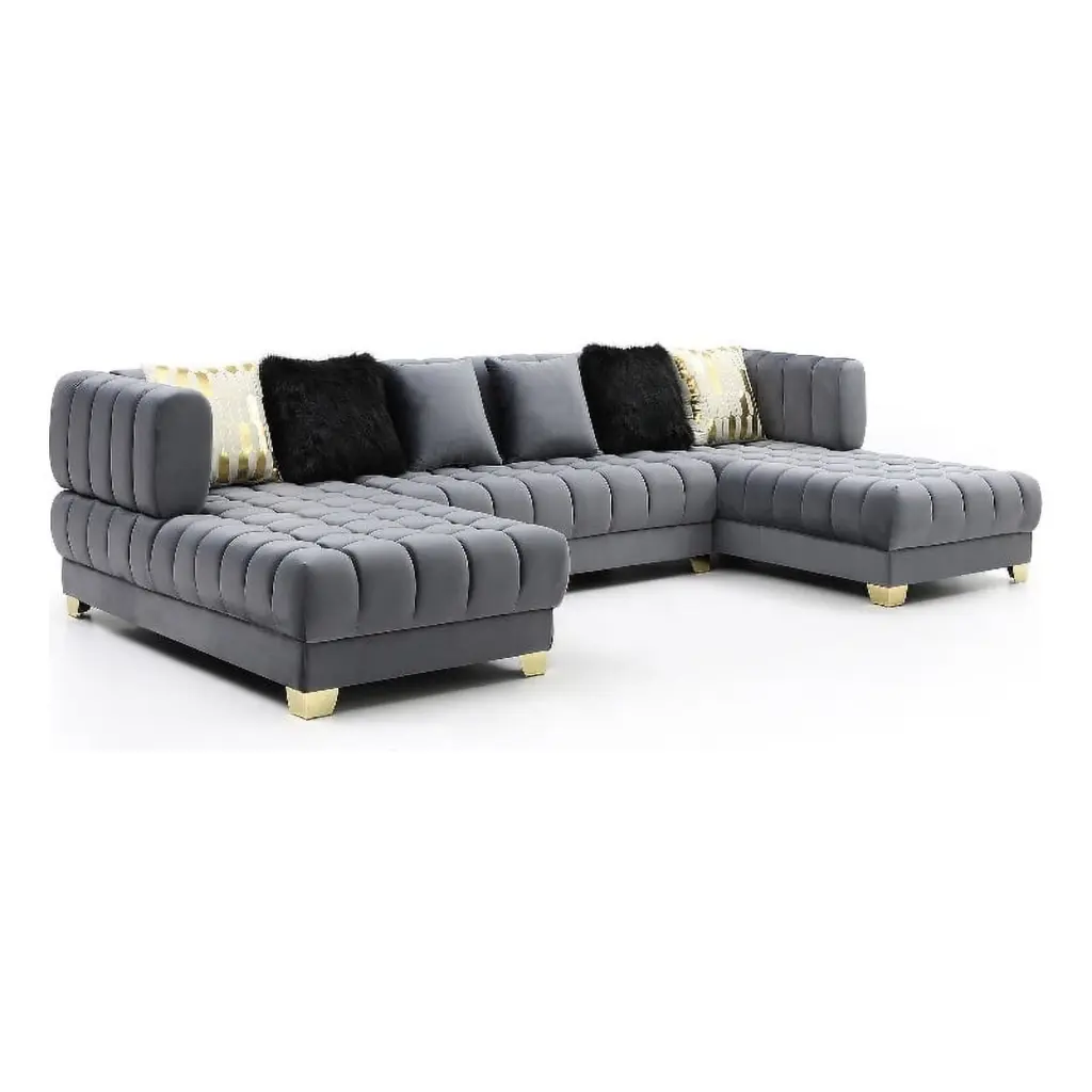 Maklaine Modern U-Shaped Velvet Sectional Sofa 6 Pillows Gray Finish