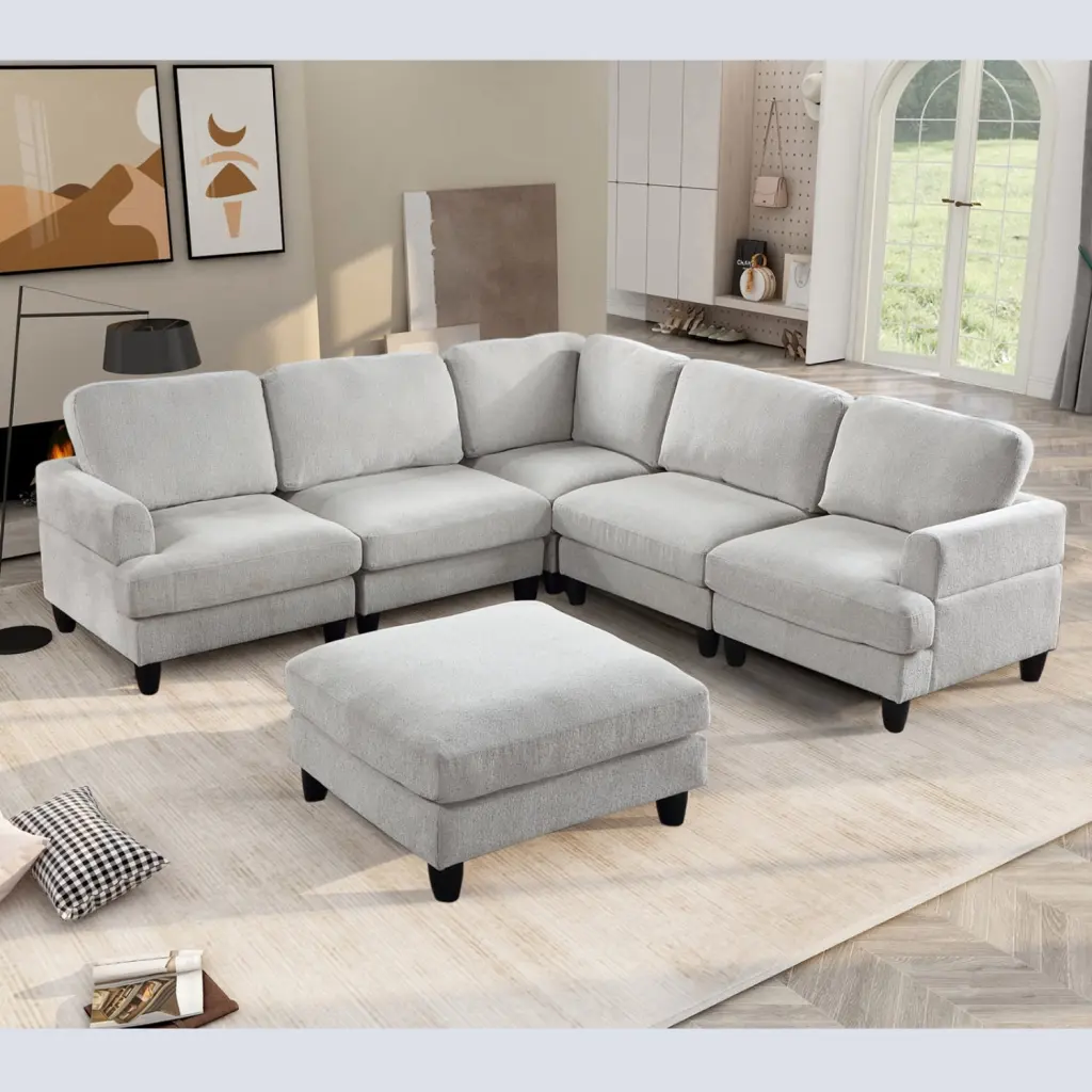 Miekor Furniture Modular Sofa U Shaped Sofa Couch Ottoman 6 Seat Chenille Corner Sofa Light Gray
