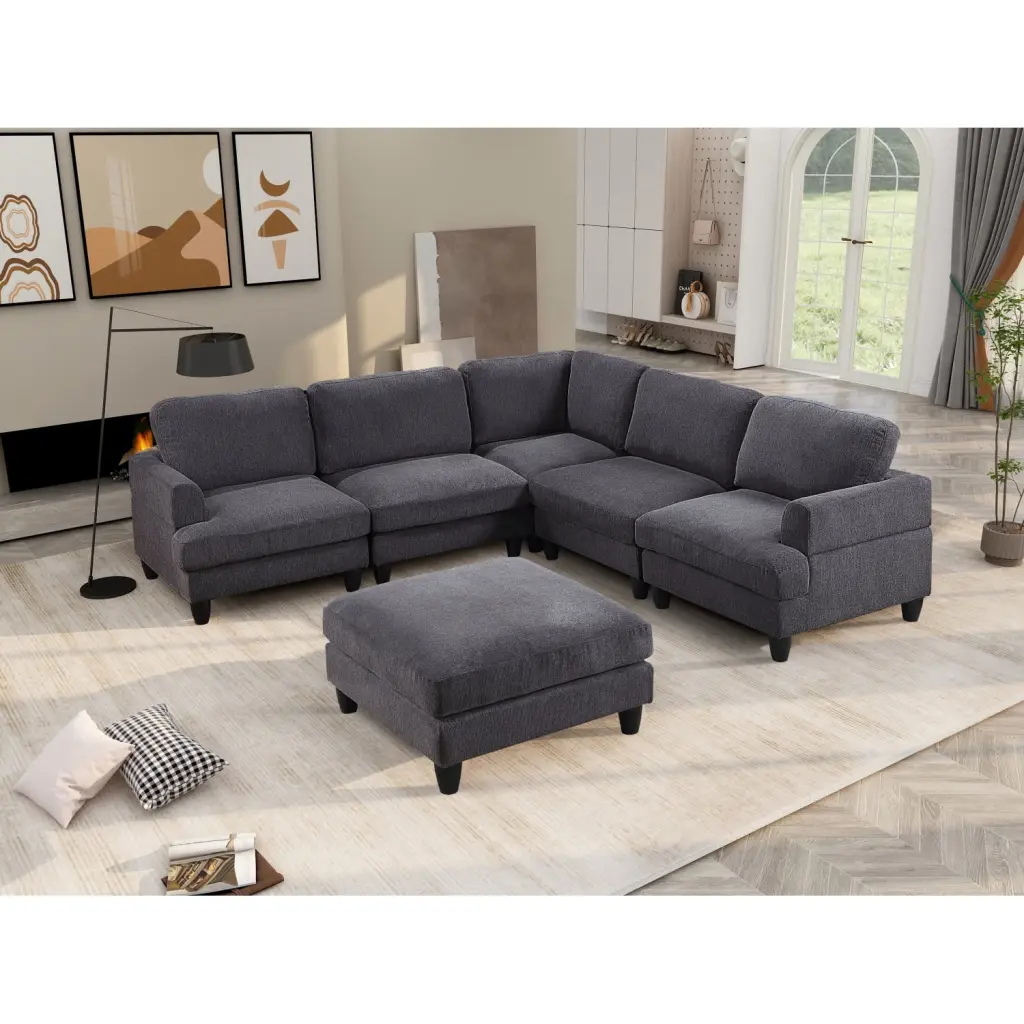 Miekor Furniture Modular Sofa U Shaped Sofa Couch Ottoman 6 Seat Chenille Corner Sofa Dark Gray