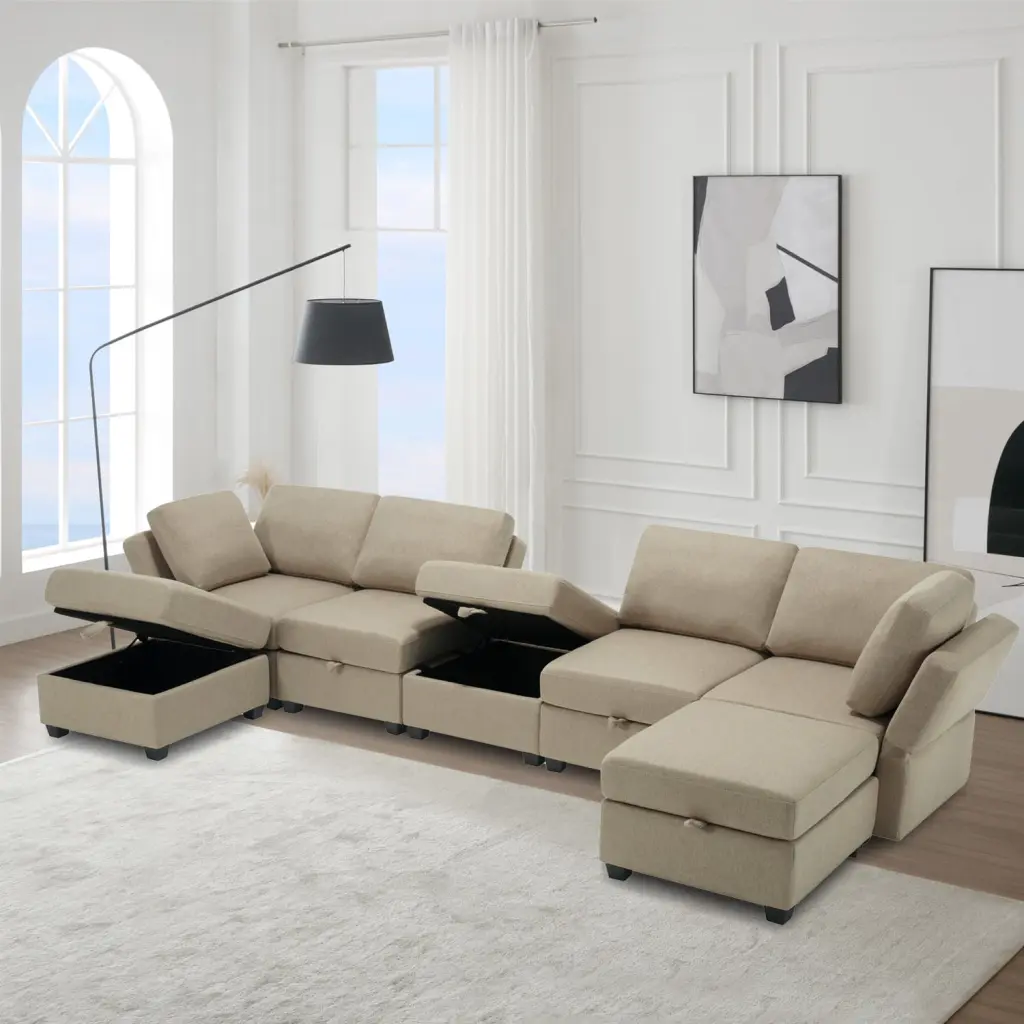 Miekor Furniture 7 Seat U Shaped Modular Sectional Sofa Chaise Beige
