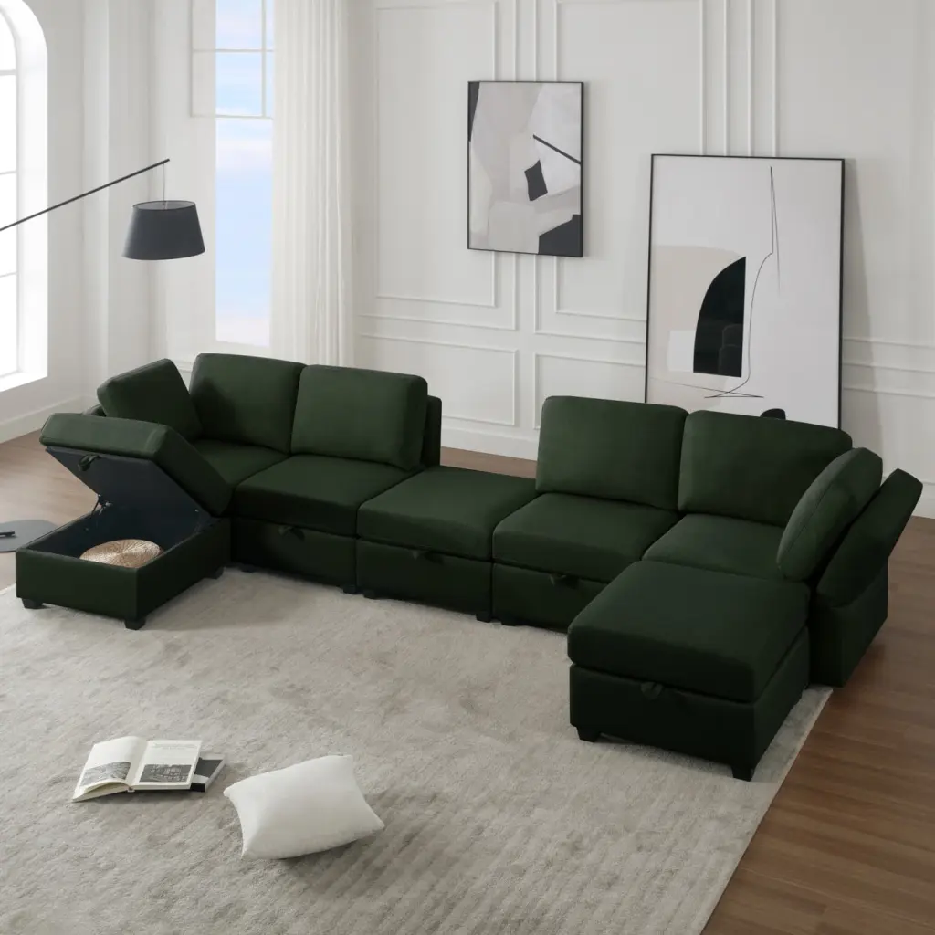 Miekor Furniture 7 Seat U Shaped Modular Sectional Sofa Chaise Green