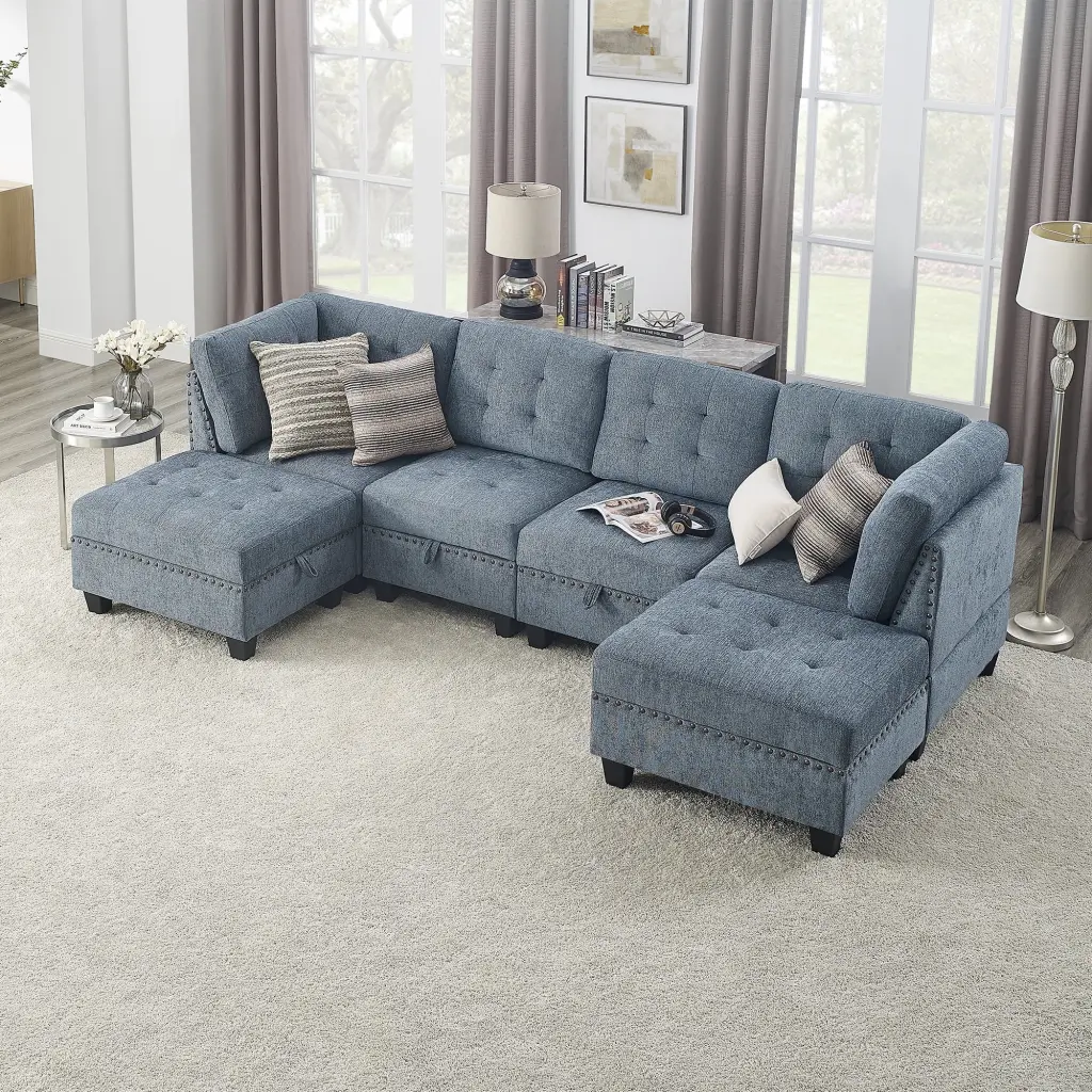 Miekor Furniture U Shape Modular Sectional Sofa DIY Combination Two Single Chairs Two Corners Two Ottomans Navy Chenille