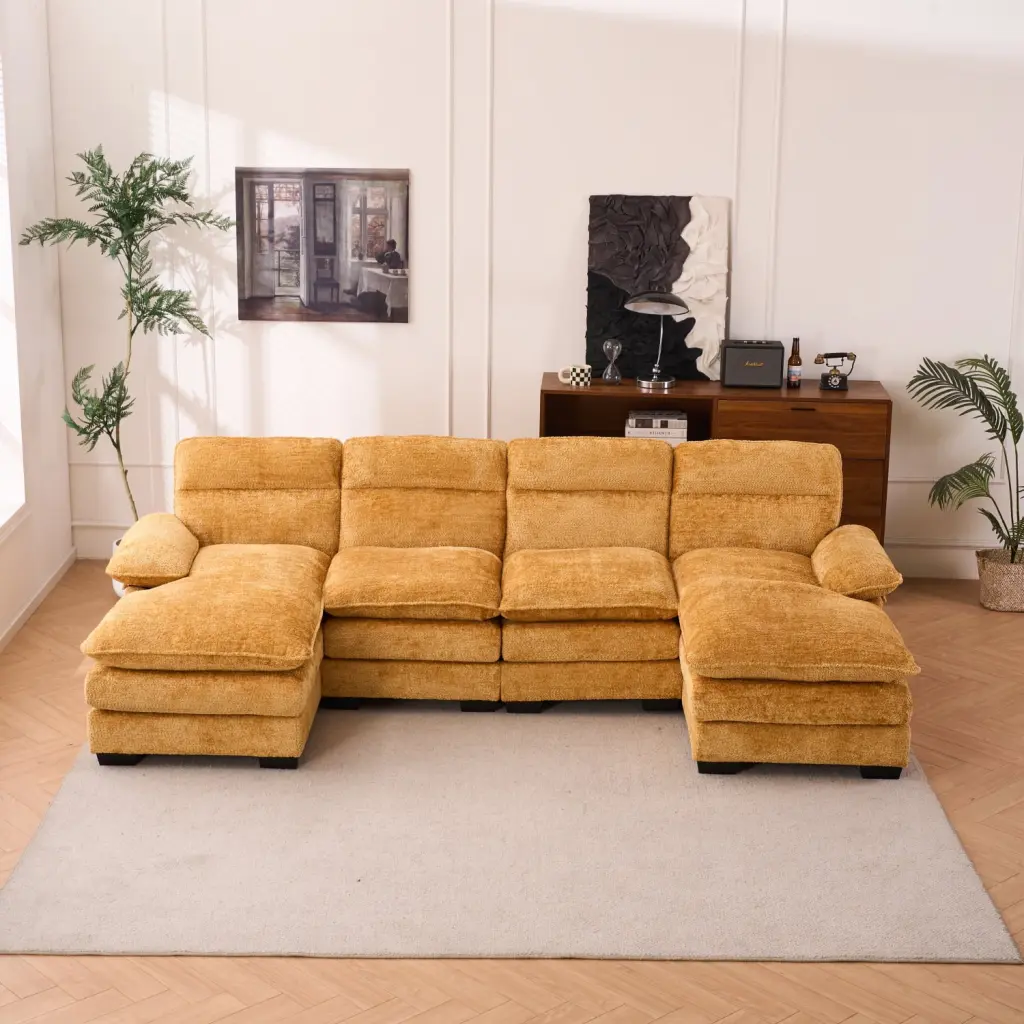 Miekor U-Shaped Chenille Modular Sofa 2 Single Seats and 2 Chaise Yellow BS1619