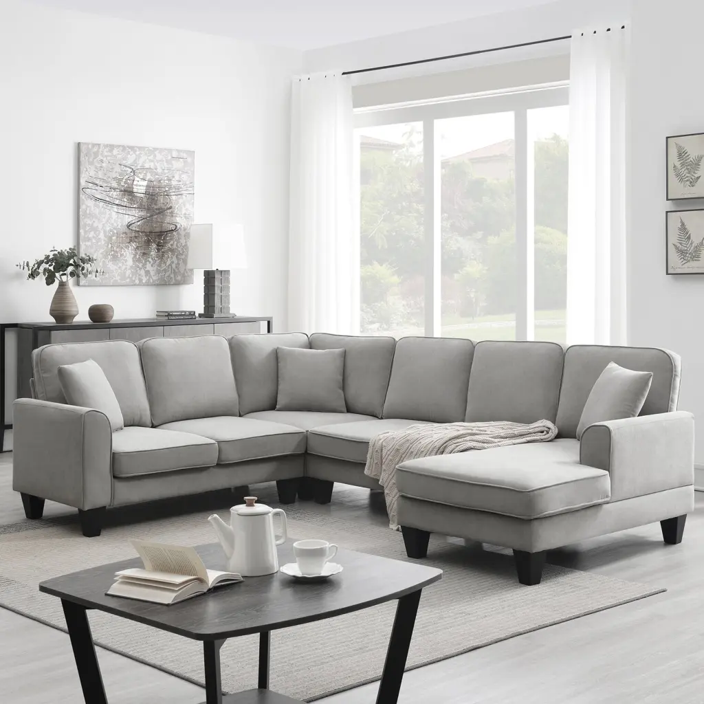 108x85.5 Modern U Shape Sectional Sofa 7 Seat Fabric Sectional Sofa Set 3 Pillows Living Room Apartment Office Mikeor