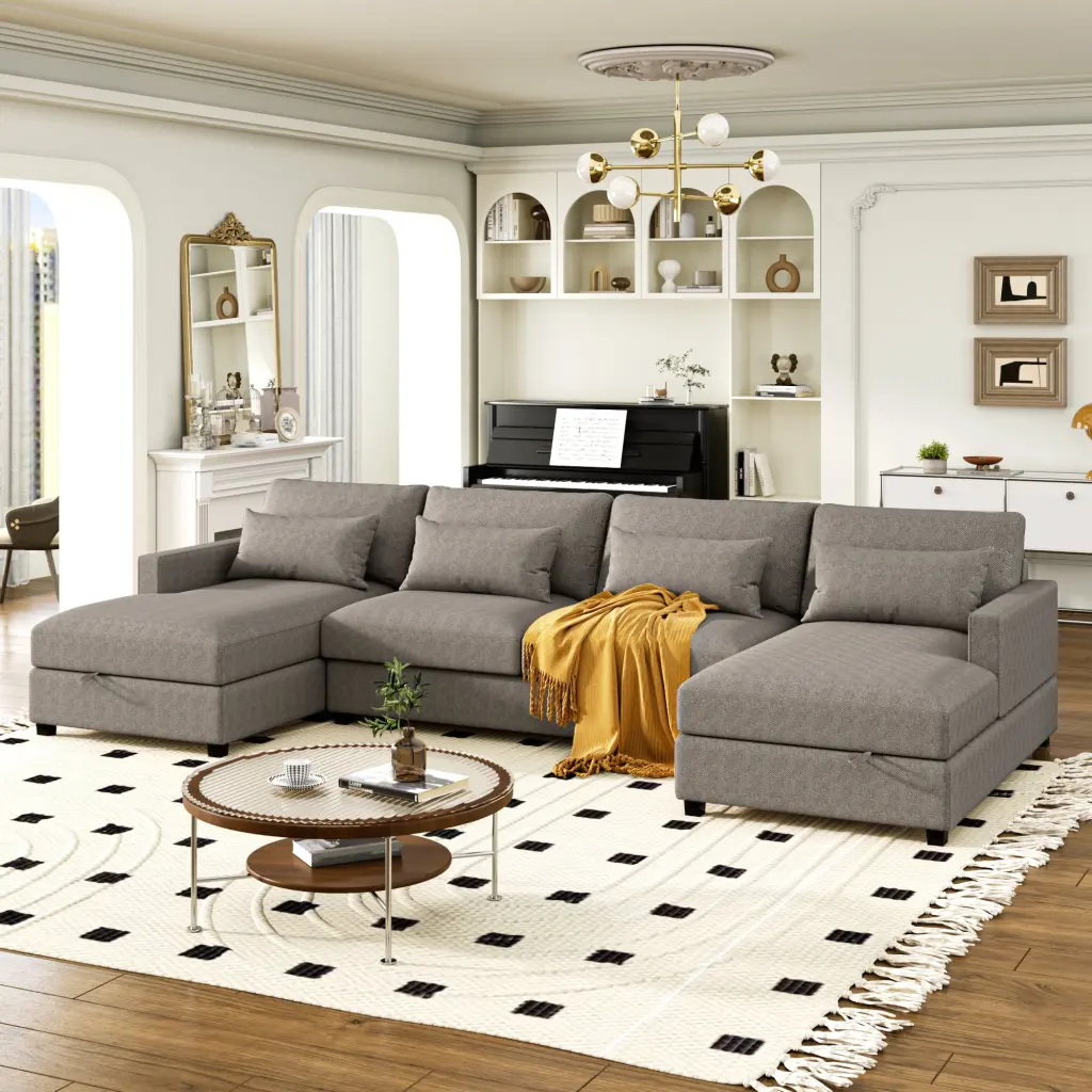 Modern Large U-Shape Sectional Sofa 2 Chaise Storage Space and 4 Lumbar Pillows None