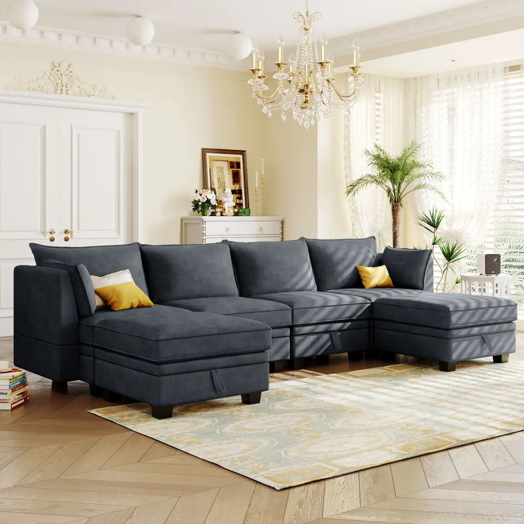 Modern Large U-Shape Modular Sectional Sofa Convertible Sofa Bed and Storage Seat OMCCHK