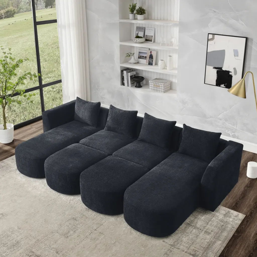 U Shape Sectional Sofa Modular DIY Combination Loop Yarn Fabric Black OMCCHK