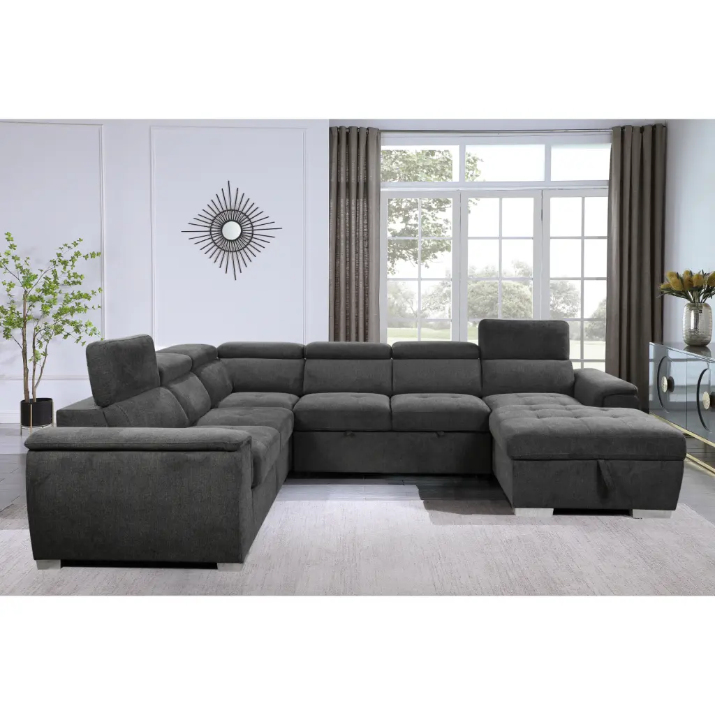 125 U-Shaped 7-Seat Dark Gray Modern Sectional Sofa Adjustable Headrest and Pull-Out Bed Ponnky