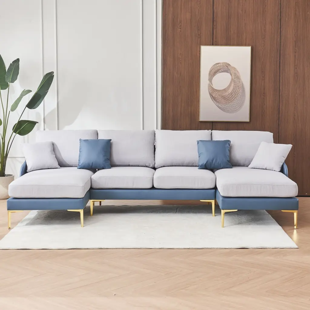 Elegant U-Shaped Linen Leathaire Fabric Sectional Sofa Blue Light Gray Color Golden Legs Ultra-Wide Lounge Chair Ponnky