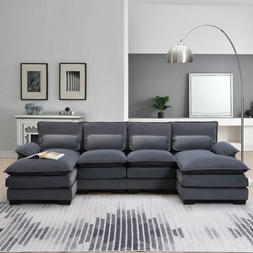 Luxurious Modern U-Shaped Sectional Sofa - 6-Seat Velvet Sleeper Sofa Chaise Lounge - Gray Ponnky