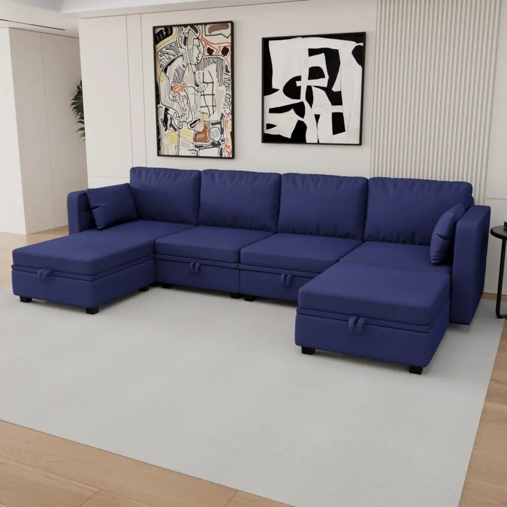 Navy Linen U-Shaped Modular Sectional Sofa Reconfigurable Design Reversible Chaise Built- Storage Modern Home Ponnky