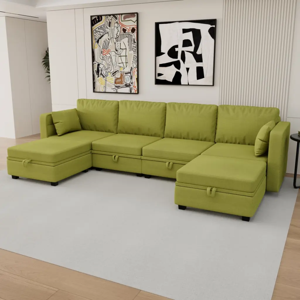 Olive Linen U-Shaped Modular Sectional Sofa Reversible Chaise Flexible Configuration Hidden Storage Contemporary Living Po...