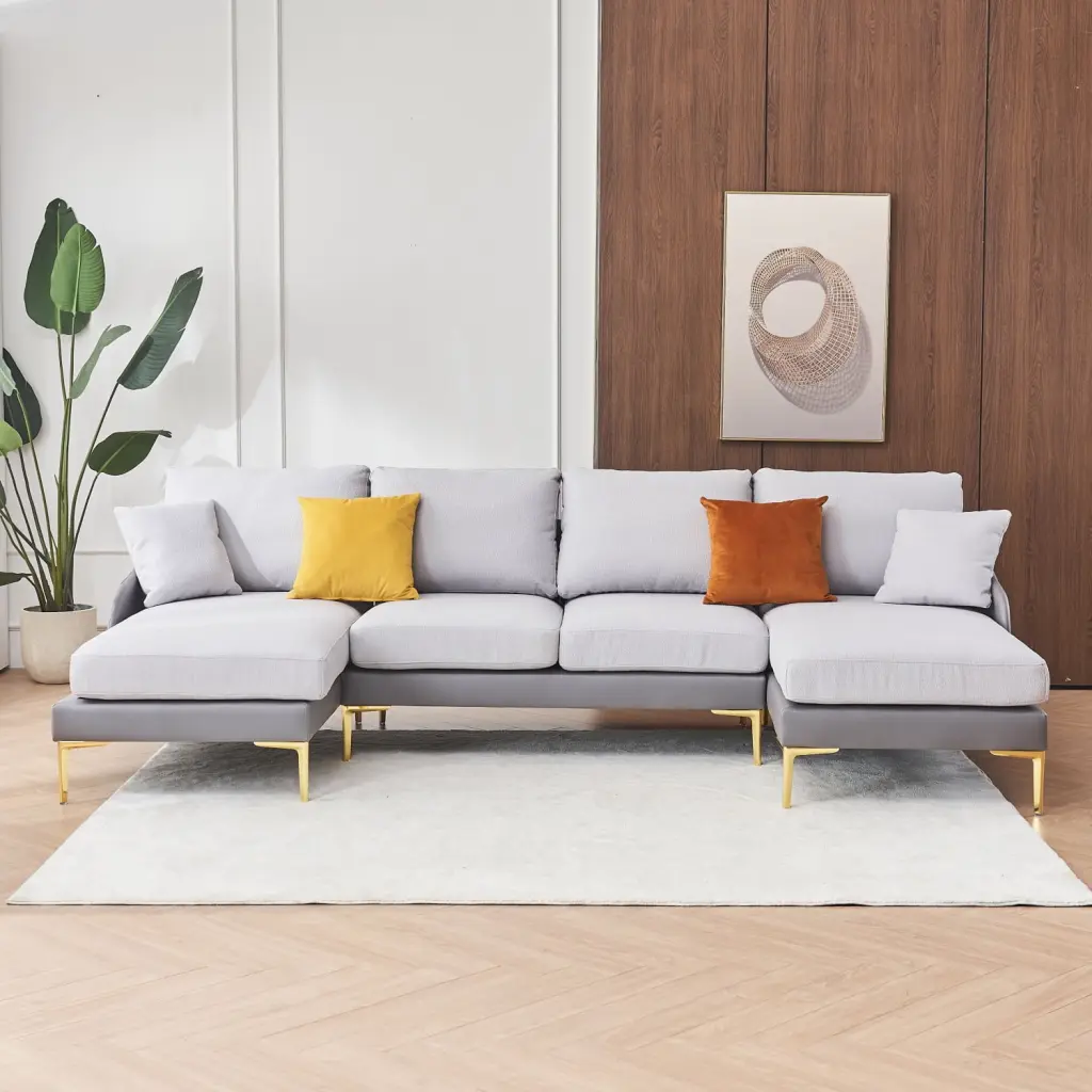 Spacious U-Shaped Linen Leathaire Fabric Sectional Sofa Double Grey Color Golden Legs Ultra-Wide Lounge Chair Ponnky
