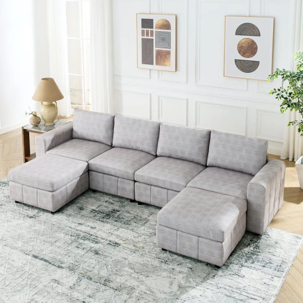Upholstered U-Shaped Modular Sofa Light Grey - 4-Seater Sectional 2 Ottomans and Soft Fabric Ponnky
