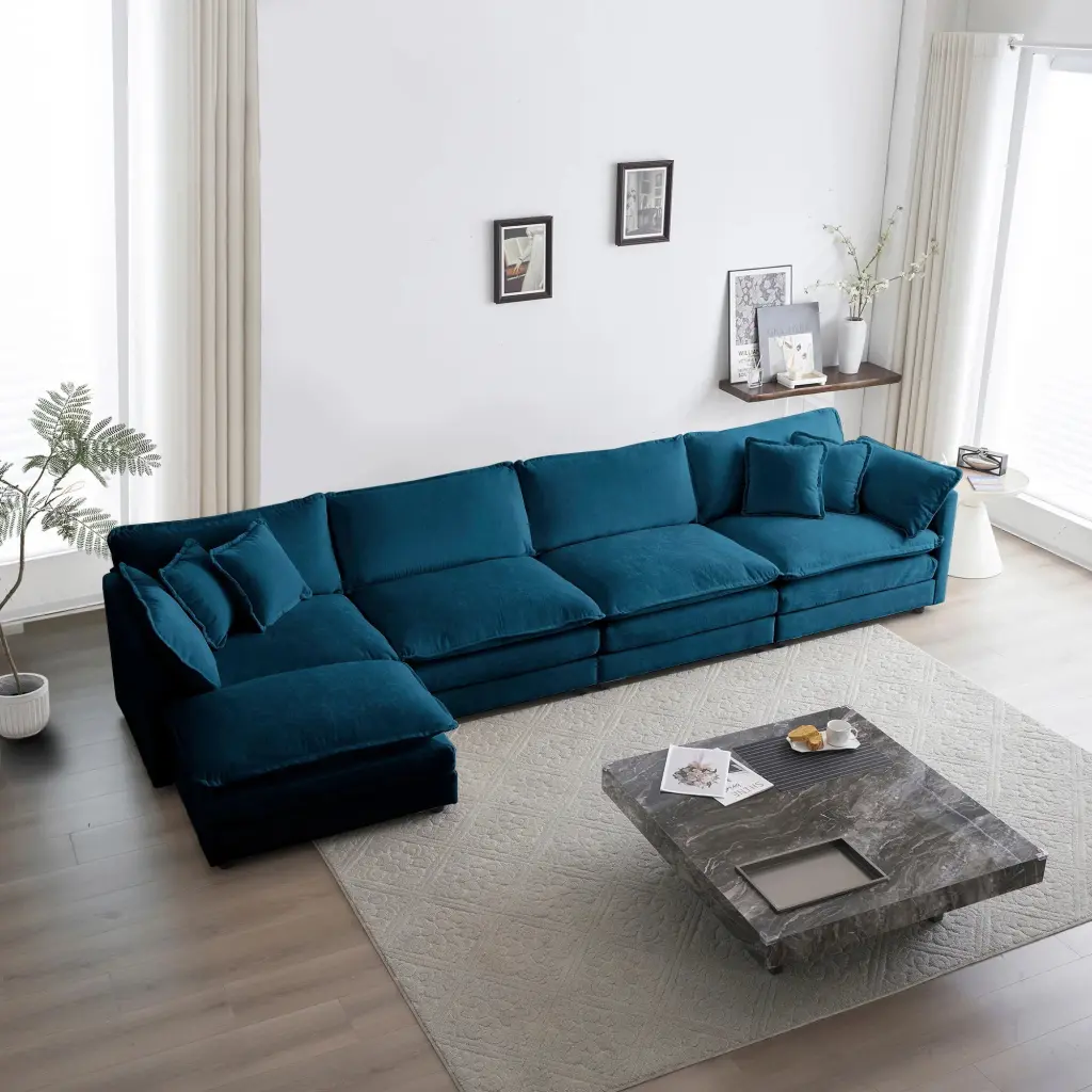 Modular Sectional Sofa U Shaped 5 Seater Ottoman Blue Chenille Fabric unknown