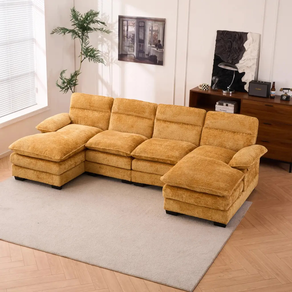 U-Shaped Profile Chenille Sectional Sofa Yellow Two Single Seats and Two Chaises - Modular Living Room Couch unknown