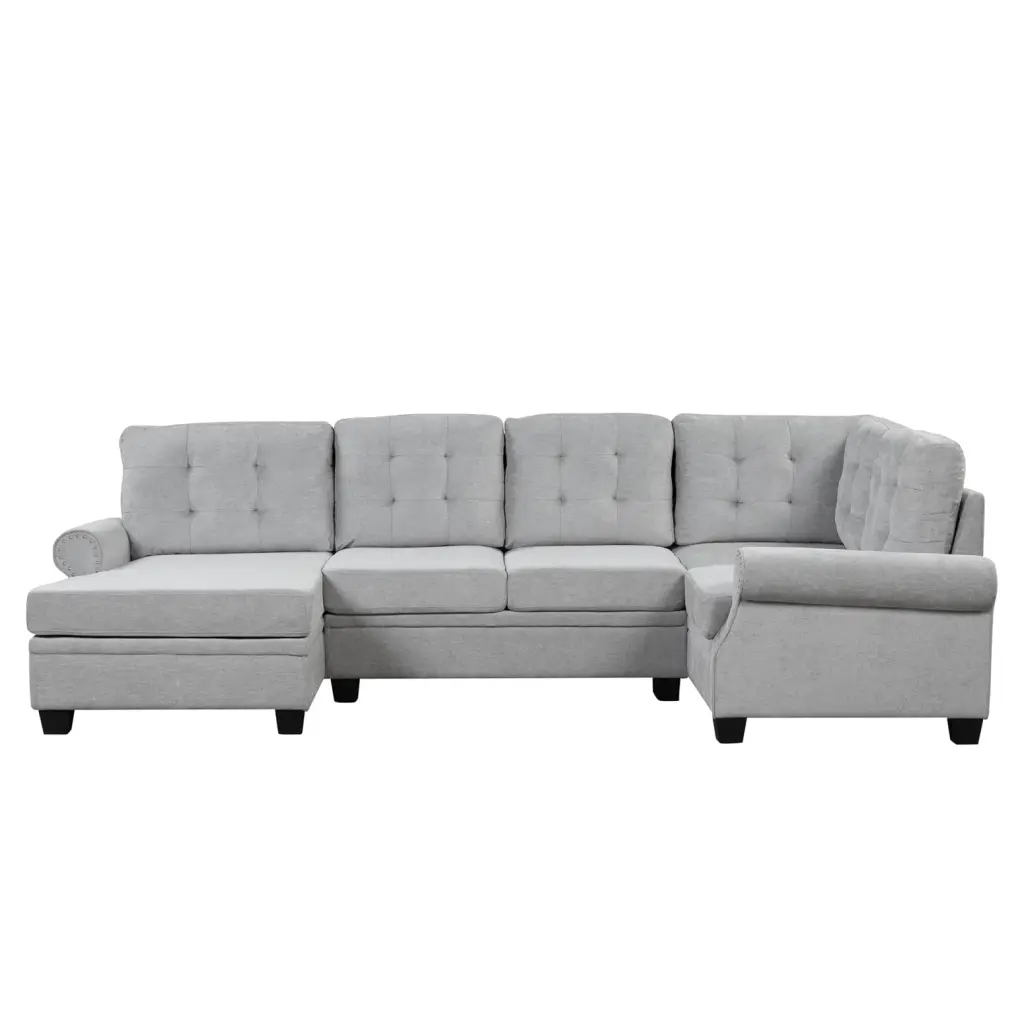 120-inch Premium U-Shaped Gray Sectional Sofa - Linen Fabric Upholstery Plywood Frame - Durable and Comfortable Wodine