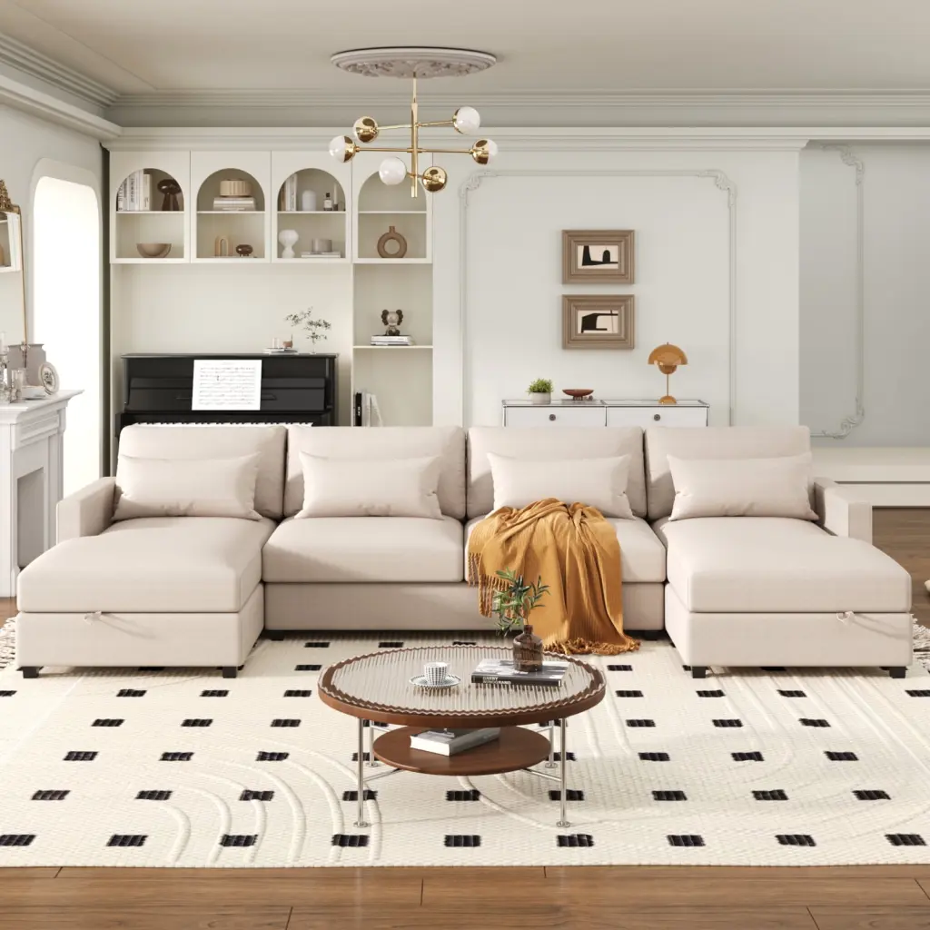 Contemporary Beige U Shape Sectional Sofa 2 Chaise Lounges Hidden Storage Modern Living Room Couch Wodine
