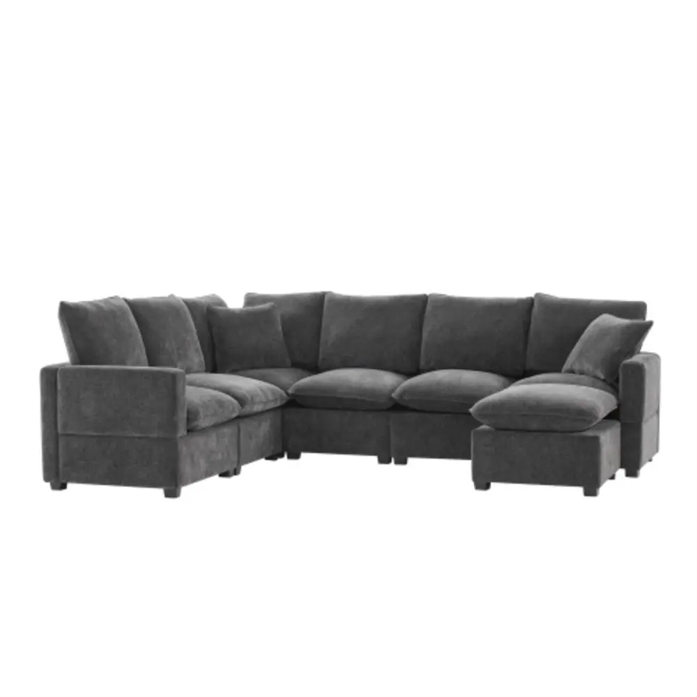 110x84 Modern U Shape 7 Seat Chenille Sectional Sofa Set Pillows Black Grey YRWL