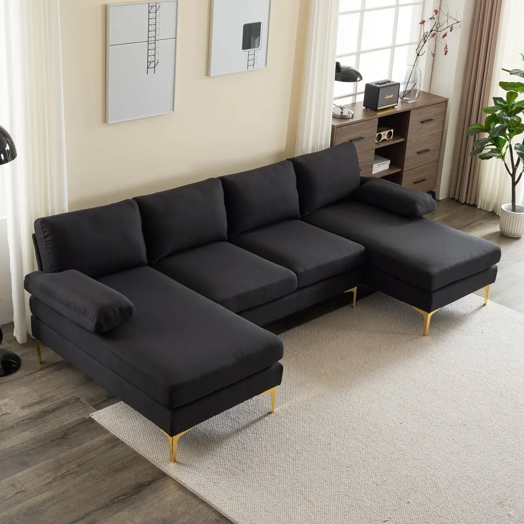 Zimtown U Shaped Convertible Sectional Sofa Double Reversible Chaise Soft Linen Fabric Black