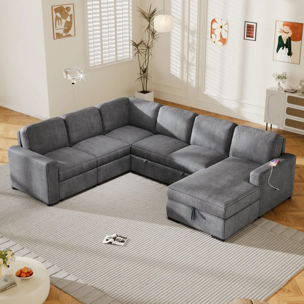 U-Shaped Corduroy Combination Corner Sofa Storage and USB Interfaces 6-Seater OMCCHK
