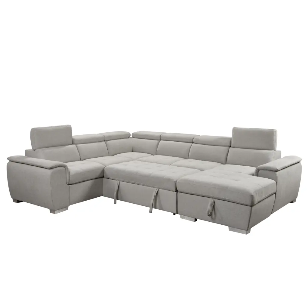 Beige U Shaped Sectional Sofa Adjustable Headrest and Storage Chaise - Modern 7-Seat Sofa Bed Living Room Ponnky