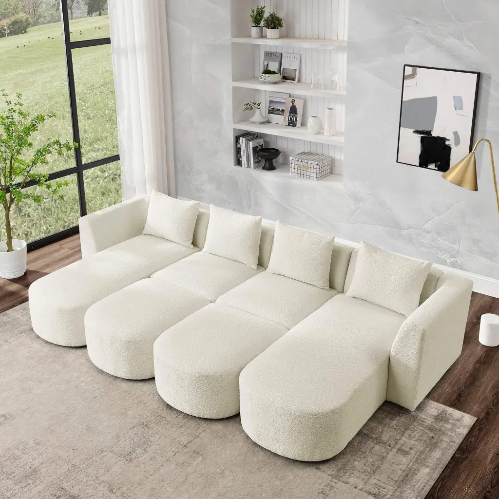 U Shape Sectional Sofa Two Single Seats, Two Chaises, and Two Ottomans - Beige Loop Yarn Fabric Modular Sofa unknown