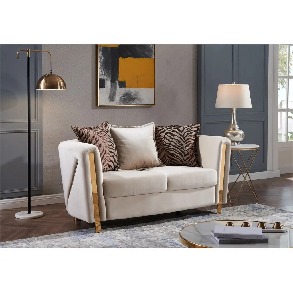 Pemberly Row Thick Velvet Fabric Upholstered Loveseat Beige - Wood Frame