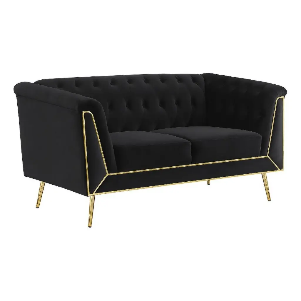 Pemberly Row Velvet Upholstered Tuxedo Arm Tufted Back Loveseat Black