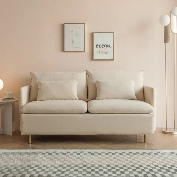 Modern Upholstered Loveseat Sofa Beige Cotton Linen 63.8 Inches SY