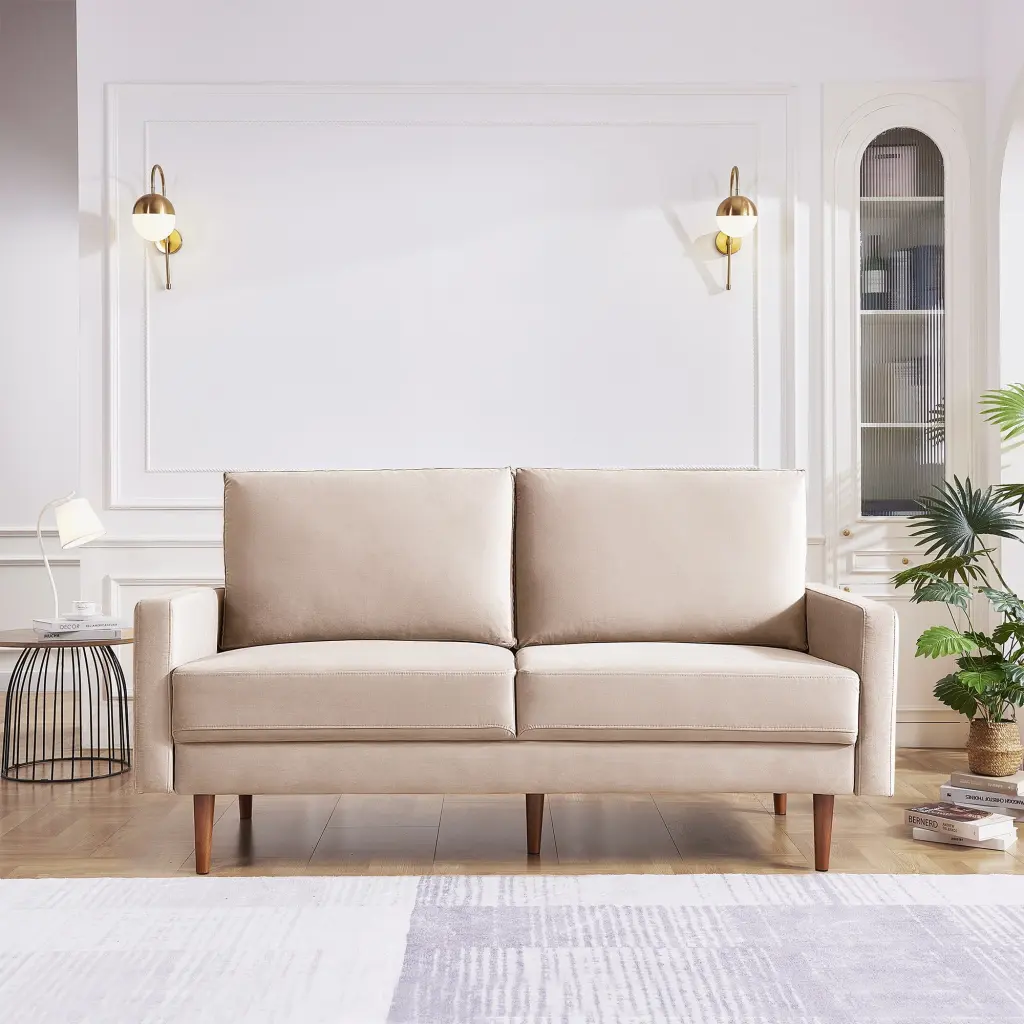 69 Inch Modern Velvet Fabric Loveseat Couch Solid Wooden Frame Beige Wobythan