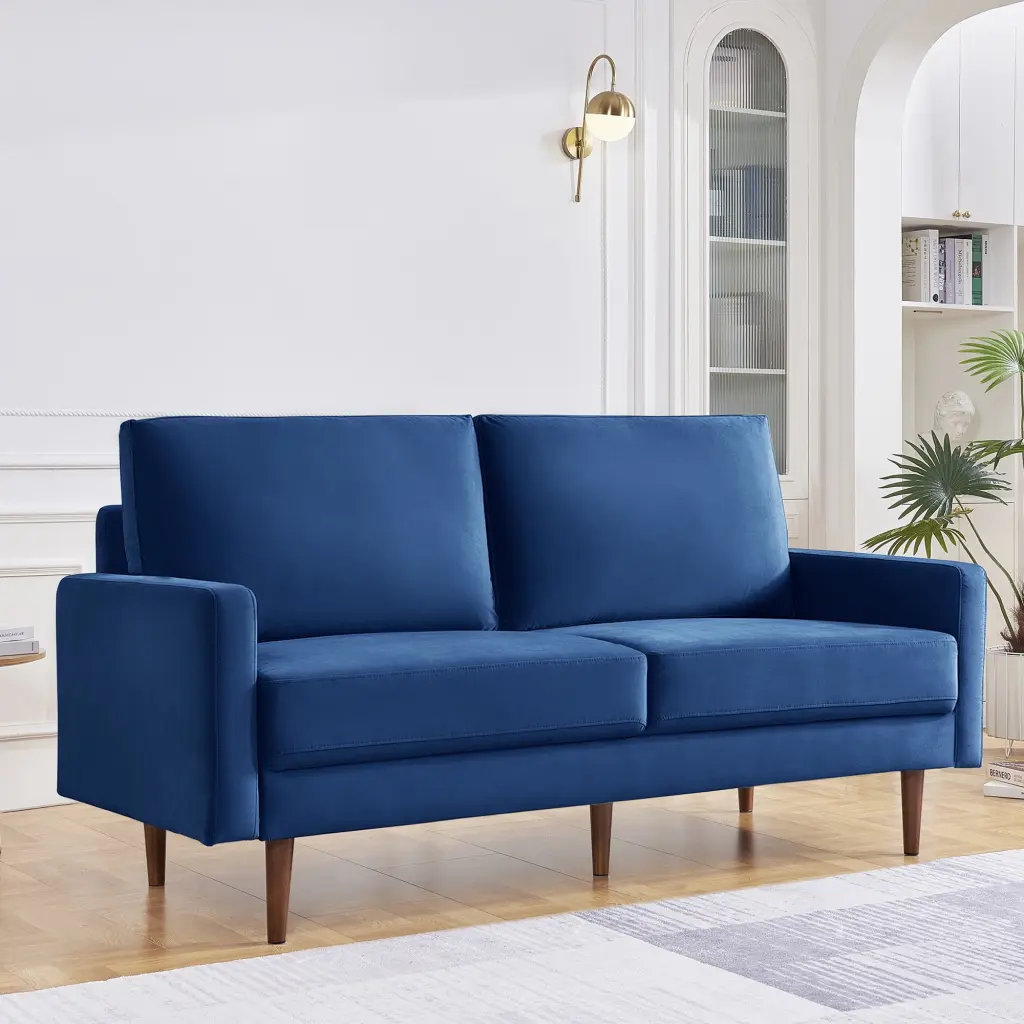 69 Inch Wide Velvet Fabric Loveseat Couch Solid Wooden Frame and Padded Cushion Blue Wobythan