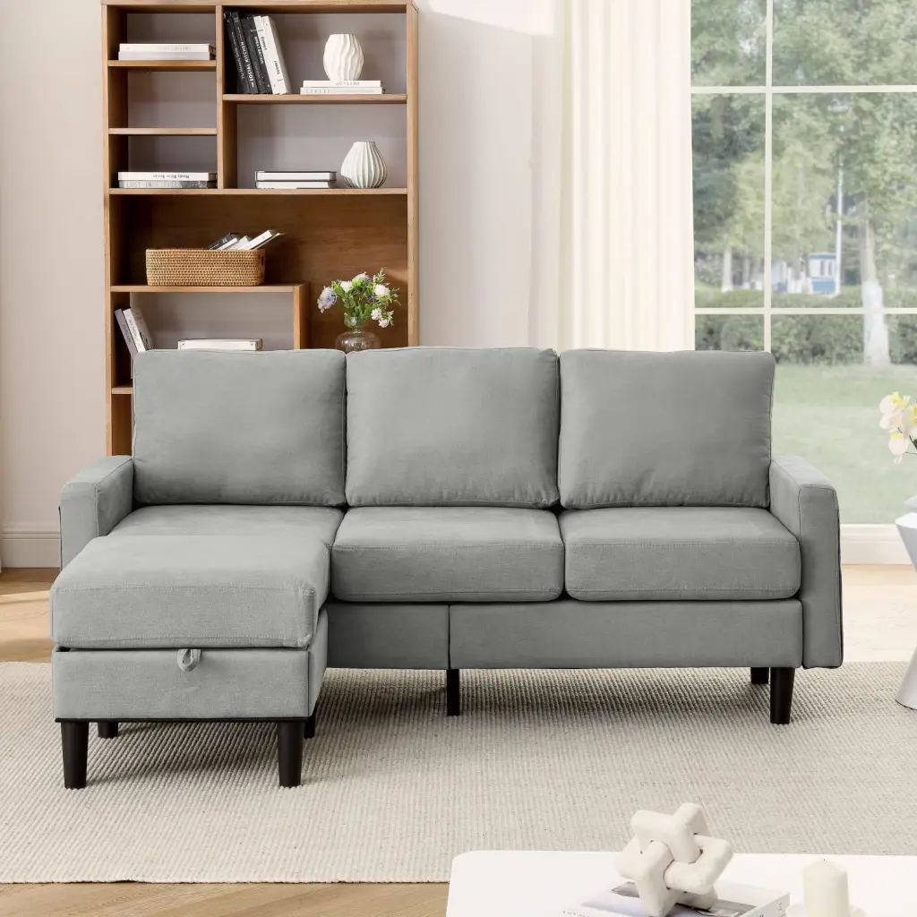 Modern Light Gray Upholstered L-Shaped Sectional Sofa Reversible Ottoman Bench Compact Living Spaces Ponnky