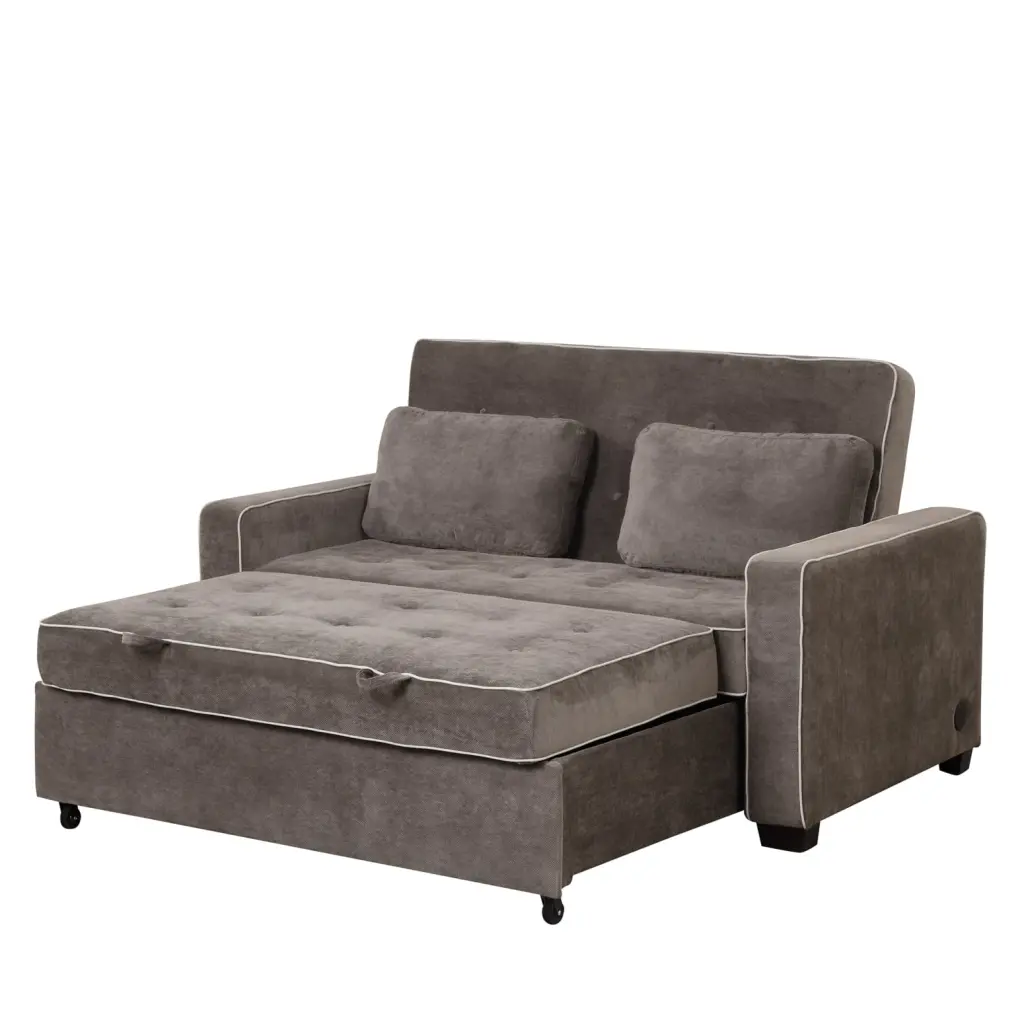 65.7 Linen Upholstered Sleeper Bed - Multi-Functional Pull Out Sofa Bed Dual USB Charging Port and Adjustable Backrest - B...