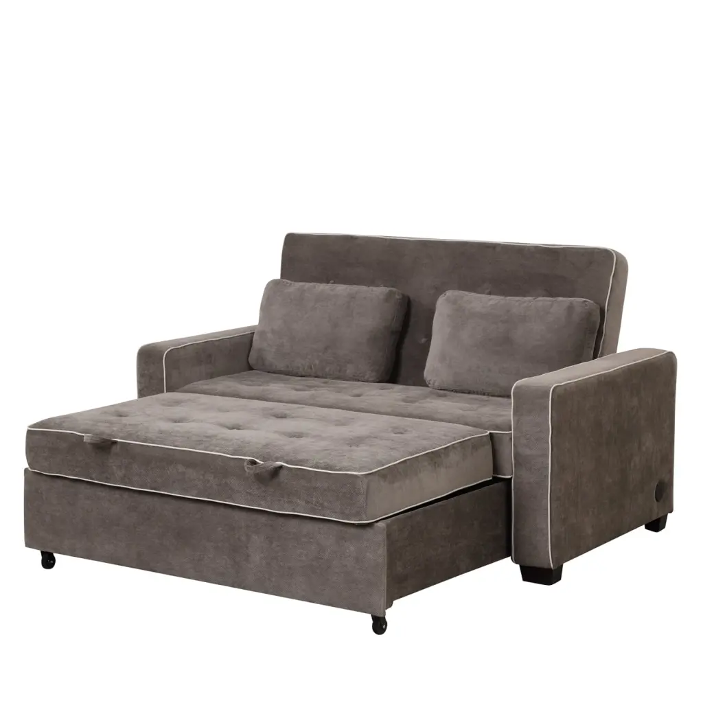 65.7 Linen Upholstered Sleeper Bed Brown Gray - Multi-Functional Pull Out Sofa Bed Dual USB Charging Port and Adjustable B...