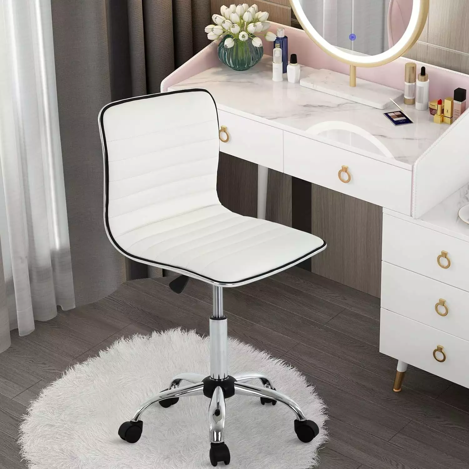 Cute White PU Leather Low Back Armless Small Task Chair Women Rolling Vanity Makeup Desk Chair BIQWBIC