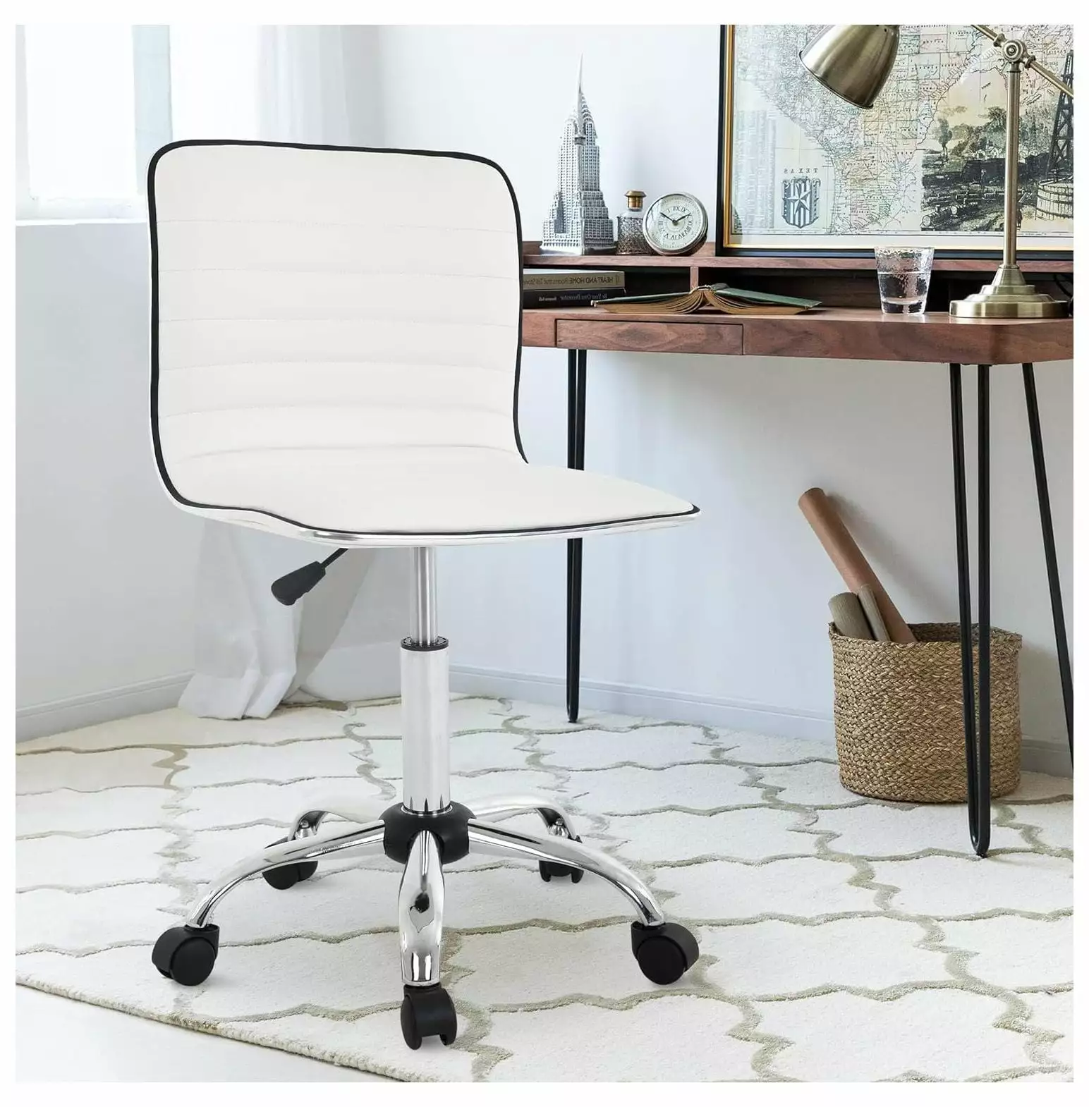 White PU Leather Low Back Vanity Makeup Chair Adjustable Height 360 Swivel Rolling Modern Executive Desk Chair BULYAXIA