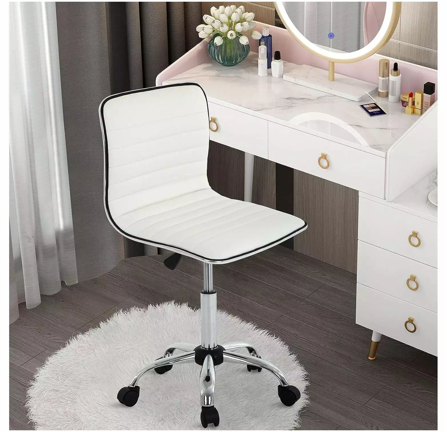 White PU Leather Low Back Armless Small Task Chair Women Rolling Vanity Makeup Office Desk Chair CodYinFI