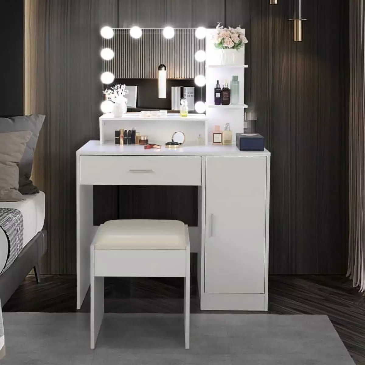 FCH Large White Vanity Set 10 LED Bulbs Makeup Table and Cushioned Stool YTTX