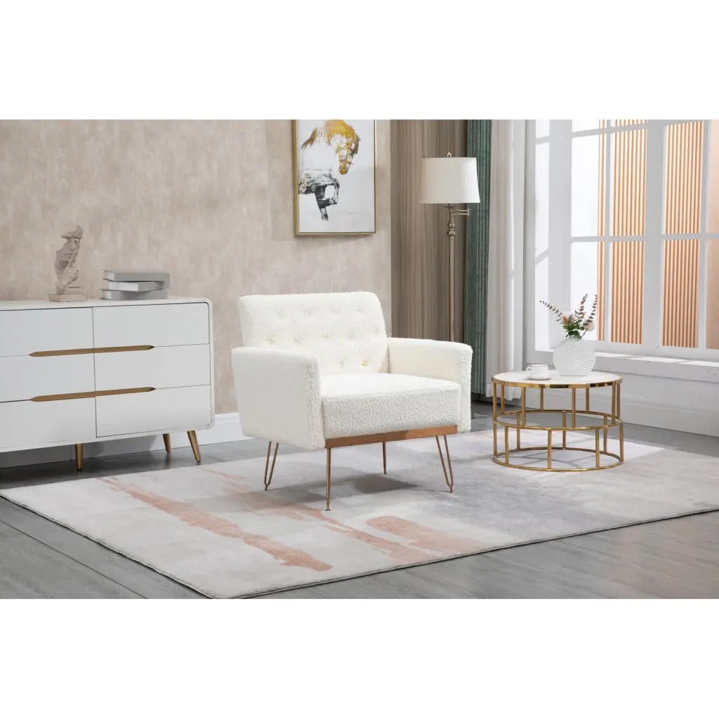 White Teddy Velvet Accent Chair Rose Golden Iron Feet European Design Living Room Bedroom or Office Ponnky