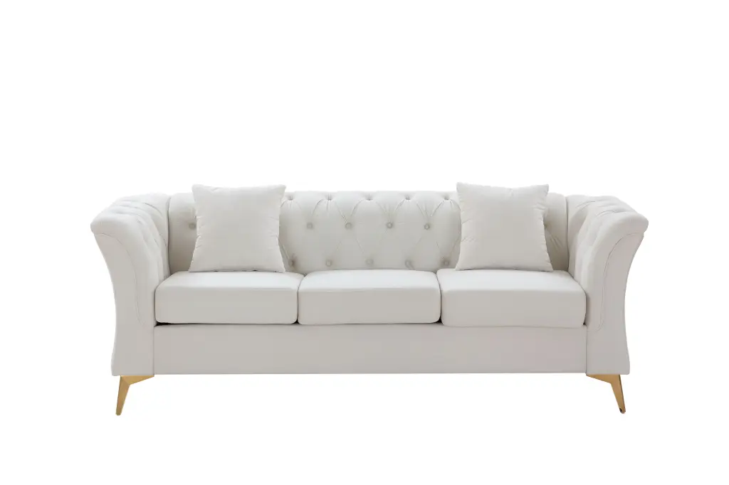 Modern Chesterfield Curved Sofa Tufted Velvet Couch 3 Seat Gold Legs Beige Wobythan