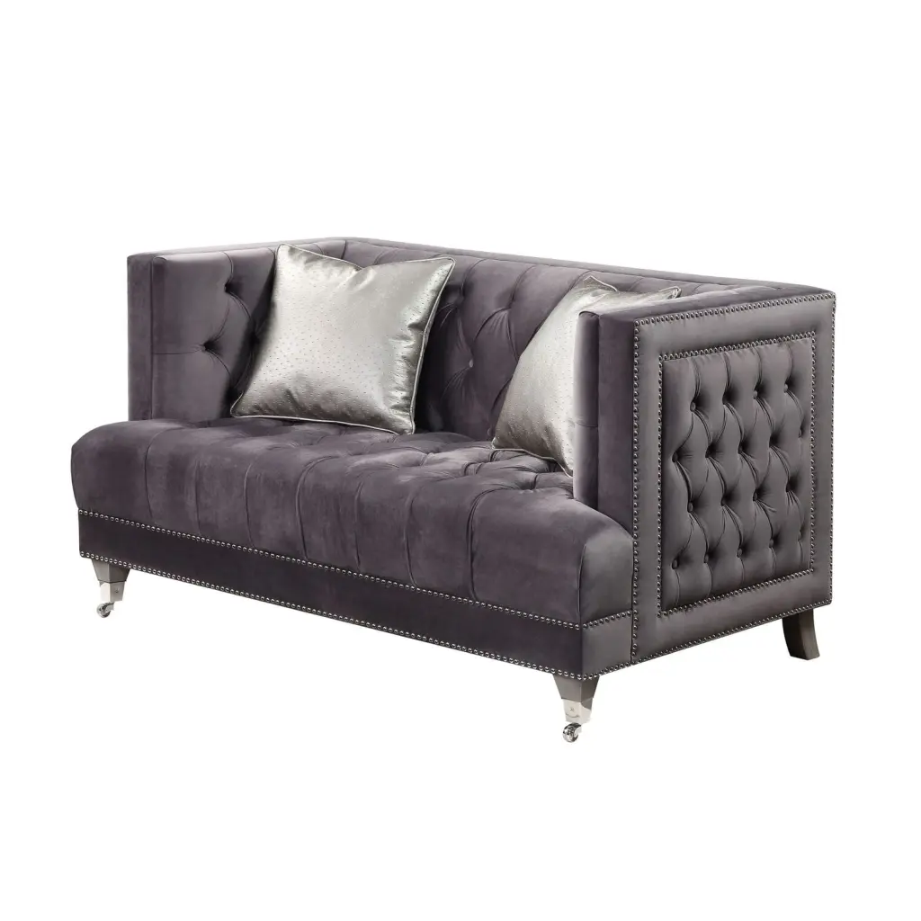 ACME Hegio Velvet Tufted Nail-head Trim Loveseat Gray 2 Pillows - Luxury Sofa Acme Furniture