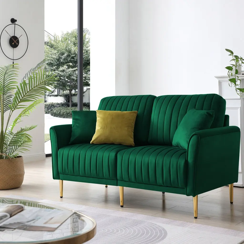 2 Seat Velvet Padded Seat Sofa Loveseat Channel Tufted Finish and Reversible Back Pillows & Metal Legs - Stylish Living Ro...